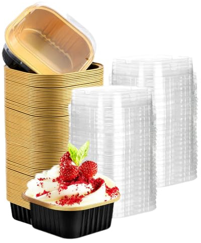 Hniuyun Mini Loaf Tins with Lids 100 Pack, 180ml Cake Packaging Cases | Square, Aluminium, Clear Lid, Stackable, Mini Cake Tins, for Brownies Cakes Holiday Gifting, Black