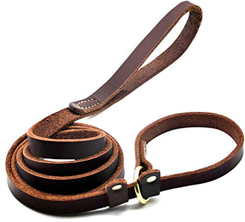 Wellbro Hundeleine aus echtem Leder, weiche, verstellbare Haustier-Retrieverleinen mit Schieber, strapazierfähige, 1.8 m langx1.8 cm breit, Braun