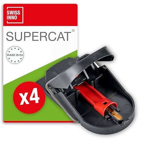 SWISSINNO Mausefalle PRO SuperCat - Tiergezielte Beseitigung - Effizient + Wiederverwendbar mit Erdnussbutter-Köder - Sofortiges Fangen + Töten - 4 Fallen