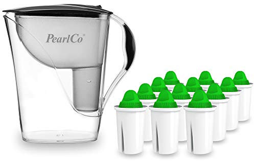 PearlCo - Wasserfilter Fashion (anthrazit) mit 12 Alkaline classic Filterkartuschen (für basisches Wasser) - passt zu Brita Classic