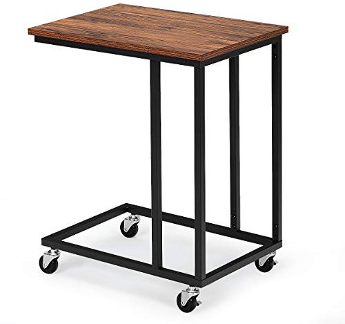 COSTWAY Side Table, C-Shaped Bedside Table Laptop Desk with 4 Wheels, Metal Frame Slim End Table, Industrial Mobile Overbed Table for Living Room and Bedroom, Rustic Brown