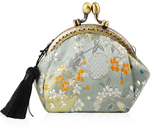 Oyachic Coin Purse Buckle Clasp Purses Kiss Lock Bag Vintage Pouch Girl Change Purse Clasp Handbags Flower Wallets for Women (Light Green)