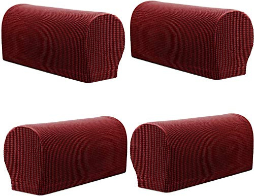 PBIEHSR Arm Rest Covers, Set of 4 Stretch Armchair Couch Armrest Chair Covers for Furniture Protector, Anti-Slip Sofa Chair Arm Caps Spandex Polyester Slipcovers (Wine Red)
