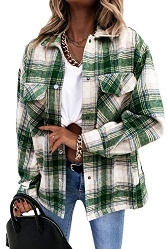 Onsoyours Chemisier à Carreaux Chemise Femme Blouse Chic avec Bouton en Flanelle à Manches Longues Retroussée Style de Boyfriend Casual Veste Polaire E Vert L