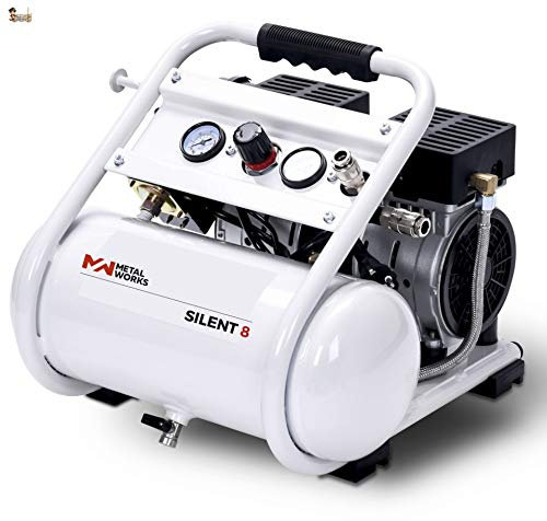 BricoLoco Compressore d'aria silenzioso portatile, piccolo e leggero. 10 bar a pressione. 1 CV di potenza. Serbatoio 8 lts. SOLO 68 DECIBELI! Due prese d'aria.
