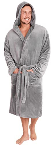 CityComfort Mens Dressing Gown Super Soft Mens Fleece Robe with Hood Gowns Bathrobe Warm and Cozy (XXXL, Light Grey)