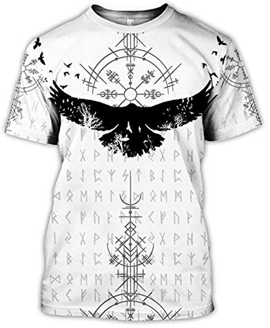 BBYOUTH Wikinger T-Shirt für Herren Sommer Kurzarm 3D Gedruckt Nordischer Mythos Damen Tattoo Cosplay Kurzarm (9 Grafik und 11 USA Größe),Black Crow,L