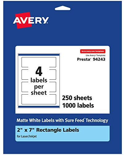 Avery Rechteckige Etiketten mit sicherem Einzug, 5,1 x 17,8 cm, matt, weiß, bedruckbar, 1.000 Stück
