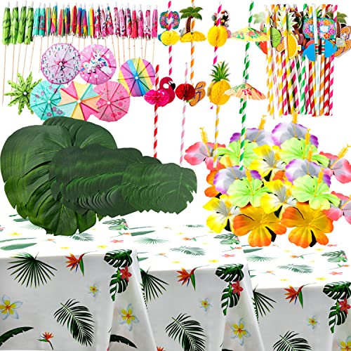 JOYIN 111Pcs Tropical Luau Party Decoration Set, 3 Tablecovers, 24 Umbrella Food Toppers, 24 Paper Drinking Straws, 36 Palm Leaves Placemats, 24 Hibiscus Flowers Hawaiian Luau Party Table Decor
