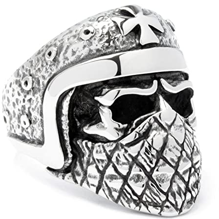 Schmuck-Checker Biker-Ring maskierter Totenkopf mit Helm & Eisernes Kreuz Outlaw Ring aus 316L Edelstahl silber detailliert Männer Schmuck Geschenk