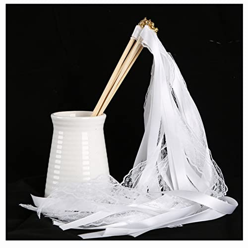 Egurs, bacchette magiche con nastro e campanella per matrimoni, 10 pezzi, bacchette in pizzo, fate, nastri di tulle, bacchette per matrimoni, per matrimonio, Natale, compleanno, festa, bianco, 10