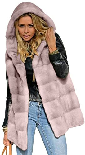 Onsoyours Damen Weste Wintermantel Kunstpelz Ärmellose Jacke Winterjacke mit Kapuze Lange Mantel Outwear Warm Pelzweste Pelzjacke Pelzmantel D Rosa L