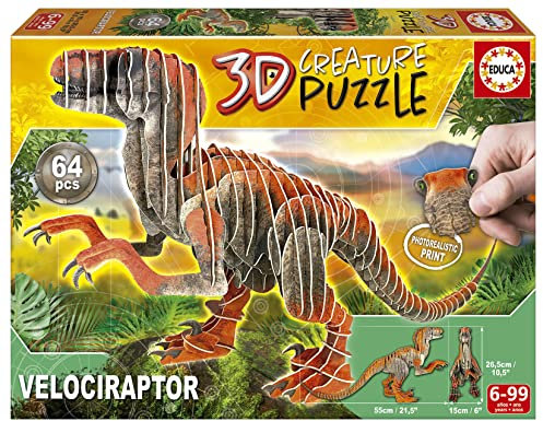Educa 19382, Velociraptor, 3D Puzzle für Erwachsene und Kinder ab 6 Jahren, 64 Teile, Dinosaurier