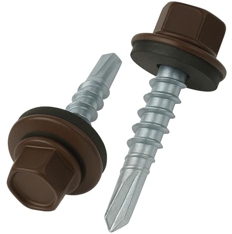 4.8 mm x 35 mm Roofing Screws, Hex Head Self-Drilling Color (RAL 8017 Chocolate Brown) Roof Screws with EPDM Sealed Washer, Rust Proof Zinc Plated Hardened Coarse Thread Outdoor Screw (50 pcs)