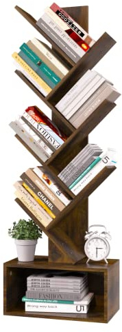 Yoobure Tree Bookshelf - 6 Shelf Retro Floor Standing Bookcase, Tall Wood Book Storage Rack for CDs/Movies/Books, Utility Book Organizer Shelves for Bedroom, Living Room, Home Office, Rustic Brown