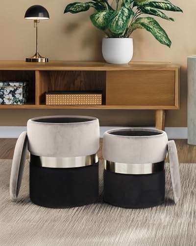 Qiyano Evelyn 2er Set Hocker mit Stauraum Hellgrau, Sitzhocker mit Integrierten Aufbewahrungsboxen, Vielseitig für Wohnzimmer, Schlafzimmer, Garderobe