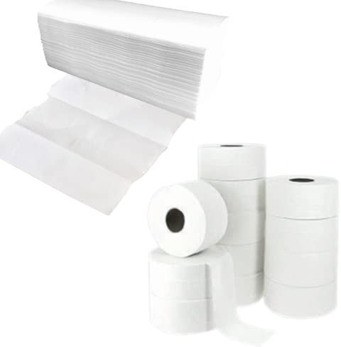 DSTOCK60 - Essuie-mains en pure cellulose pliés en Z - Lot de 20 paquets soit 2600 feuilles - Avec un lot de 12 rouleaux de papier toilette Mini Jumbo