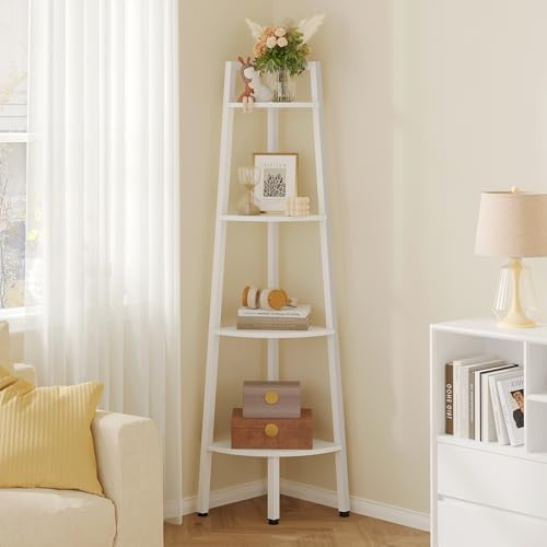 Hoctieon Scaffale d’Angolo Rustico Industriale 4 Livelli, Libreria a Scala per Soggiorno, Cucina, Ufficio Domestico, Balcone, Spazi Piccoli, Struttura in Metallo,Bianco