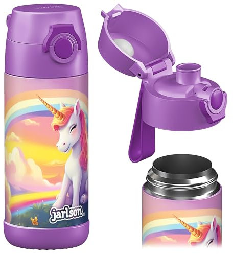 JARLSON® Trinkflasche Kinder MALI - Thermo Edelstahl Wasserflasche - BPA frei - auslaufsicher - Kinderflasche mit Chug Deckel- Flasche für Schule, Kindergarten - Einhorn 2.0, 350 ml