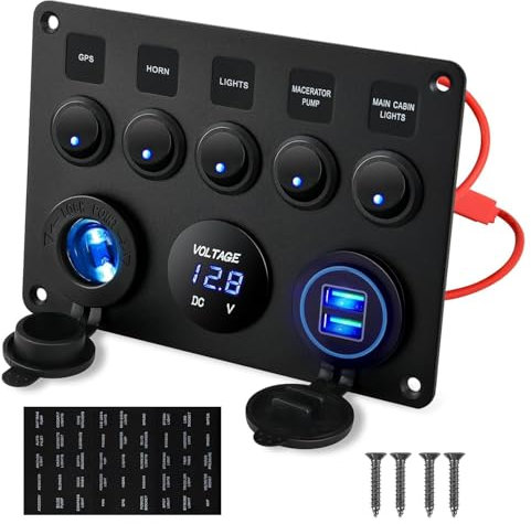 Gebildet 5Gang Multifunción 5 Gang Rocker Cargador USB dual + Volómetro Digital + Panel de Interruptor Precableado de Salida de 12V con Disyuntores para RV Coche Barco Camión Remolque
