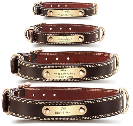 MeMeDIY Collares de Cuero Personalizados para Perros Etiqueta con Nombre Grabable Collar con Nombre de Cuero Marrón para Perros Pequeños Medianos y Grandes (L)