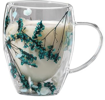 350ml Dried Flowers Glass Cup, Dried Flowers Double Wall Glass Coffee Mugs, Clear Dried Flowers Insulated Glass Coffee Cups, Cute Tea Cups with Handles Insulated Heat Resistant, for Milk Coffee Juice