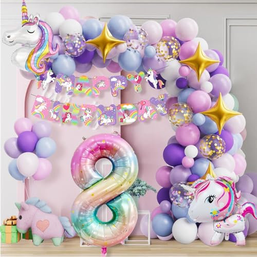 yosiio Einhorn Geburtstagsdeko 8 Jahre Mädchen, Einhorn Kindergeburtstag Set, Einhorn Geburtstag Girlande, Einhorn Ballon, Folienballon 8 für Deko Kindergeburtstag Mädchen
