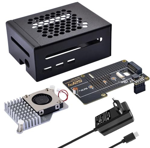 GeeekPi Metal Gehäuse für Raspberry Pi 5,mit Official Active Cooler,N04 M.2 NVMe SSD PCIe Peripheral Board und 27W USB C Netzteil für Raspberry Pi 5 8GB 4GB