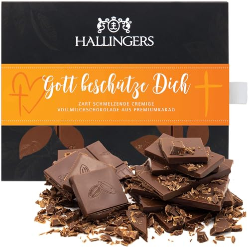 Hallingers Genuss Manufaktur Schokolade Liebes-Geschenk - Tafel handgeschöpften Edelkakaos ohne Alkohol edler Karton Gott beschütze ... Pur, Geschenkidee für Frauen Männer