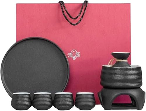 Set per sakè con scaldavivande, Set per sakè Caldo Tradizionale in Ceramica da 8 Pezzi, Incluso 1 fornello a Candela, 1 Tazza riscaldante, 1 pentola per sakè, 4 Tazze per sakè e 1 Vassoio, termostato