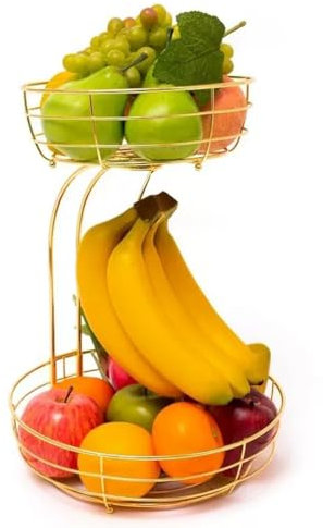 NEWCIX Cesta De Fruta Doble Encimera Tazón con Ganchos para Plátanos, Soporte De Alambre para Frutas, Cajas De Almacenamiento De Cocina(Oro)