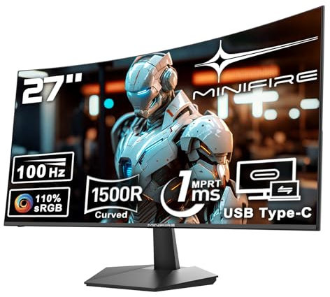 Minifire Monitor Gaming 27 Pollici Curvo1500R, Type-C 2.5W,HDMI 1.4,PC Monitors 100Hz, 1MS Full HD 1080P, Speaker Integrati Senza Cornice per Computer con FreeSync Tecnologia, Eye-care Mode, VESA