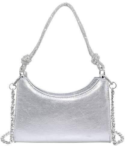 Milisente Giltter Clutch bag for Women Wedding Crackle Leather‌ Shoulder Bag with Rhinestone Strap(Silver)