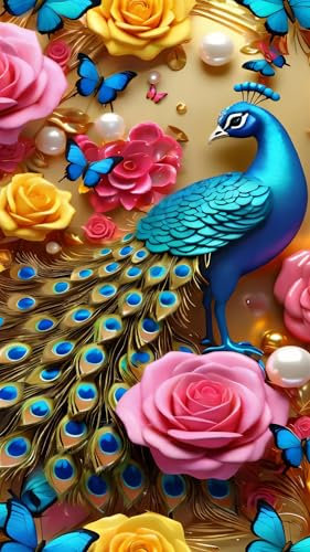 ARTGOTO Diamond Painting Eckige Steine Groß XXL Bilder Erwachsene,40x70cm Pfau A,5D Diamant Painting Set Viereckige Quadratische Steine mit Zubehör Für Wohnzimmer Dekoration