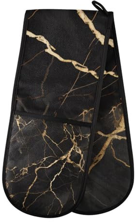 Oven Gloves Double Oven Gloves Black Marble Gold Fluid Marble Oven Mitts Pot Holder Heat Resistant Quilted for BBQ Baking Kitchen Cooking Gloves