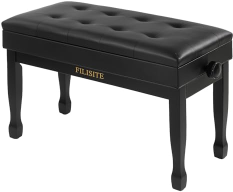 FILISITE Adjustable Height Piano Bench with Storage, Solid Wood Duet Keyboard Stool, Waterproof Padded Seat Cushion, Multi-Use Bench for Piano, Vanity, Living Room, Bedroom XJ750-4 (Black)