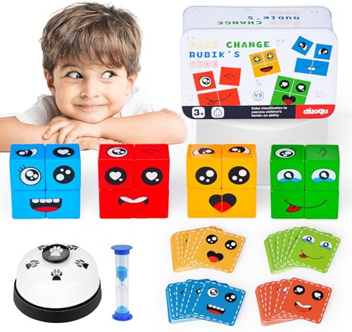 Anstore 3D Puzzle Face Changing Magic Cube, Gesichter Puzzle Bauwürfel Ausdruck Holzpuzzle, Bausteine Holz Würfel Bunt in 4 Farben Montessori Toy, Holzwürfel Spiele mit Glocke and Sanduhr für Kinder
