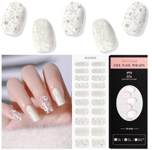 EBANKU Semi Cured Gel Nail Strips, 20PCS Gel Nail Stickers Long Lasting - Easy to Apply & Remove for Salon-Quality Pedicure - White Flower