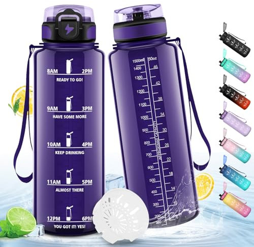 HoneyHolly Botella Agua, Motivacional 1,5 Litro, Botella Agua Gimnasio, Marcador de Tiempo, Cantimplora, Prueba de Fugas, Botella de Agua, Reutilizable, Botella Gym, para Escuela Camping Fitness