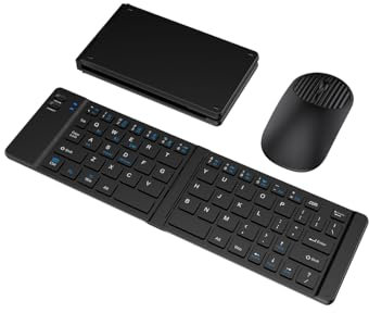 TKMARS Tastiera Bluetooth Pieghevole Ricaricabile Wireless con Layout Inglese, Portatile Viaggio Mini Tastiera Silenziosa Mouse Set per Android Windows iOS iPad Smartphone Tablet Laptop PC - Nero