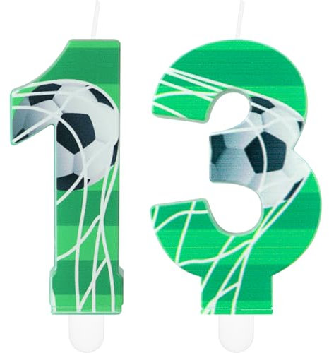 Soccer 13 Birthday Candles, Football Number 13 Candle for Cake, Boys Girls 13th Birthday Decorations, Green Football Themed Candle Cake Topper Decorations for Boys Men Celebrations Supplies