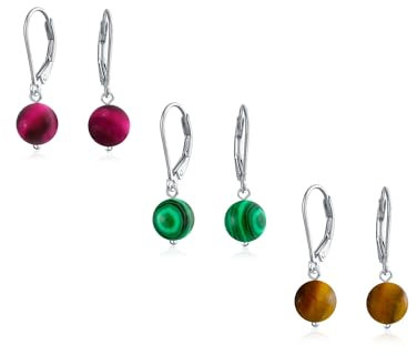 Set aus drei einfachen, schlichten, runden, gefärbten Fuchsia-, Braun-Tigerauge- und Dunkelgrün-Malachit-Perlen-Ohrringen mit Hebelverschluss für Damen aus .925 Sterlingsilber.