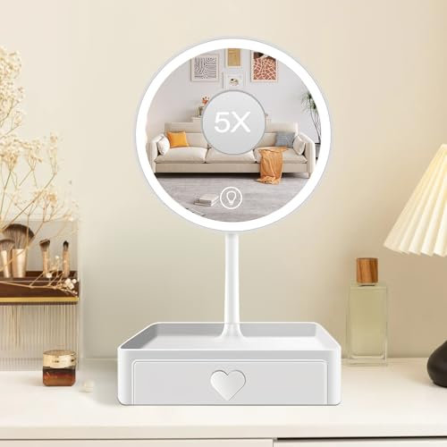 Cuteefun Miroir sur Pied Maquillage, Miroir Grossissant 5X avec Tiroir, 3 Couleurs de Lumière, Luminosité Réglable, Rechargeable par USB, Idéal pour Chambre à Coucher, Coiffeuse, Salle de Bain, Blanc