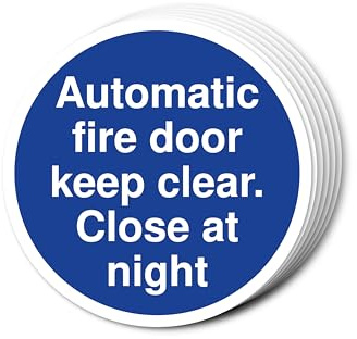 Automatic Fire Door Keep Clear Close At Night Signs 80mm x 80mm Multi Pack Strong Adhesive Vinyl Stickers for Fire Door Safety (6)