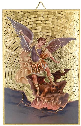 Heiliger Erzengel Michael Wandschild, goldfarbene Folie, Mosaik-Stil, katholische Heimdekoration, Schutzgebet auf der Rückseite, tolles religiöses Geschenk, hergestellt in Italien