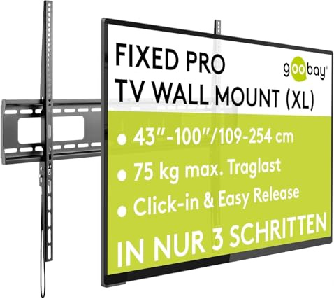 Goobay Fixed Pro TV Wall Mount (XL), 43-100 TV - Max 75kg - Easy and Secure Mount with Auto Locking - VESA Compatible - Swivel Motion - QLED/LED - Black 78781
