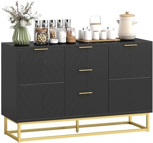 HOMCOM Sideboard for Living Room, Storage Cabinet, Gold Metal Base, Black | Modern Geometric Pattern, 3 Drawers, Adjustable Shelves, Freestanding Cupboard, Dining Room, Kitchen, Hallway