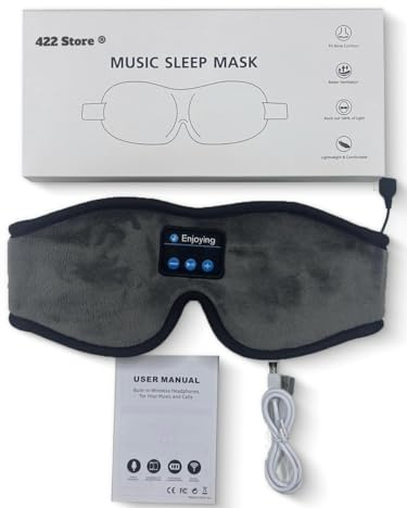 422 Store Bluetooth Music Sleep Mask, Wireless Built-in Headphones, 100% Light Blocking, Ultra Soft Comfort for Travel and Relaxation (Grey)