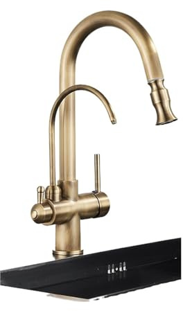 1PCS Antique Brass Strainer Kitchen Swivel Pull Out Spout Dual Handle Strainer Mixer(Antique Brass C)
