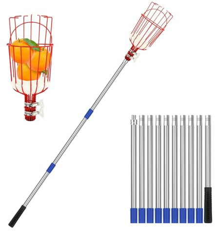 KIFSDLF Fruit Picker Pole with Basket 13 FT Adjustable Higher Lightweight Grabber Tool with Extension Tree Harvester Suitable for Home, Orchard, Farm and Garden